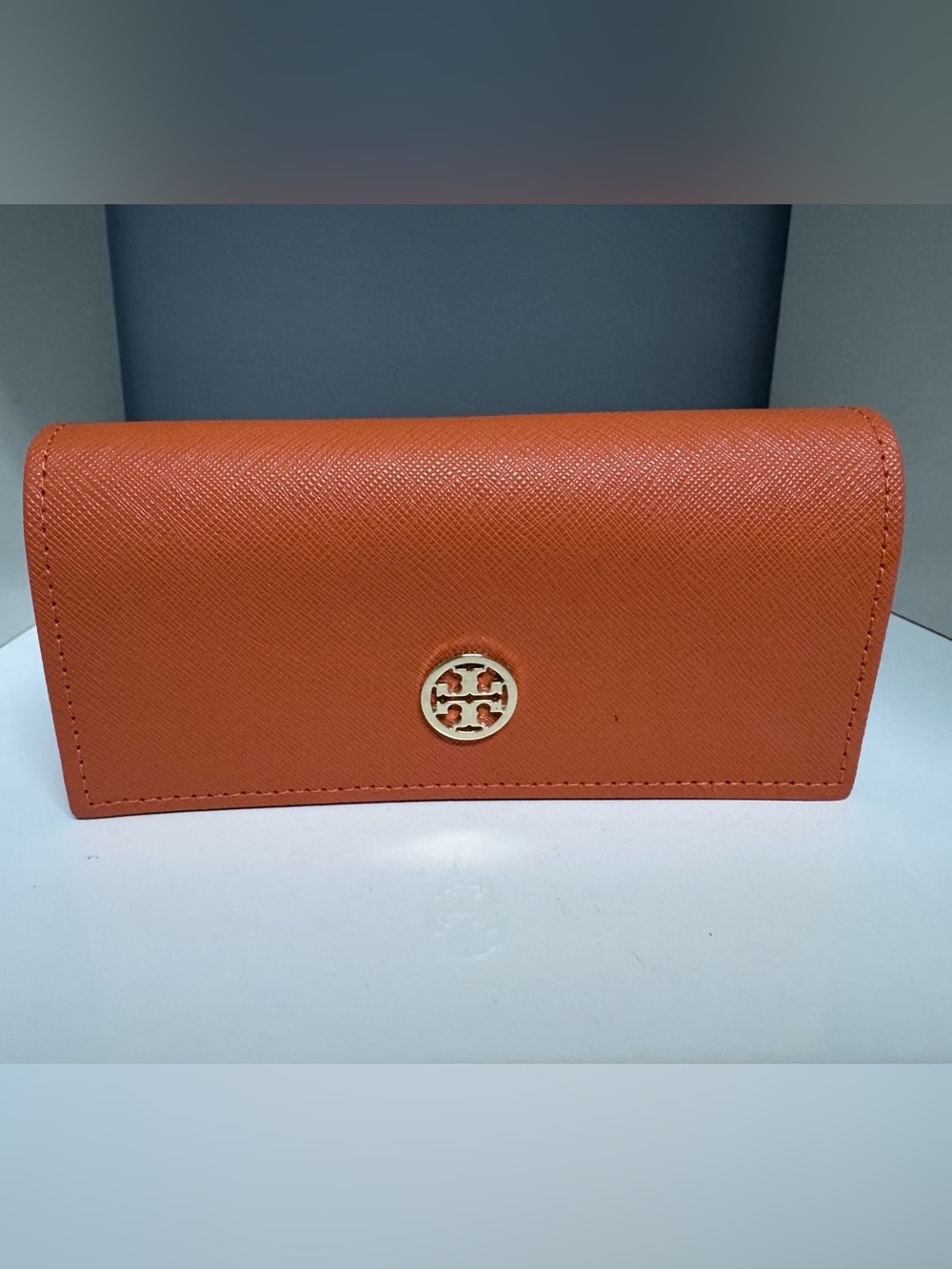 Tory Burch Orange Textured Leather Sunglasses or Glasses Case with Gold Logo
